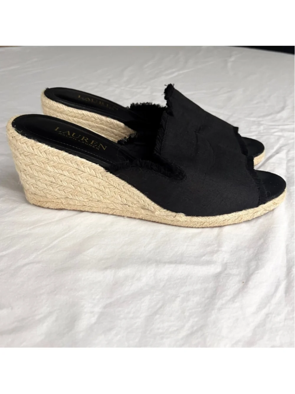 Lauren Ralph Lauren Carlynda Black Linen Wedge Espadrille Sandals Sz 9 Peep Toe